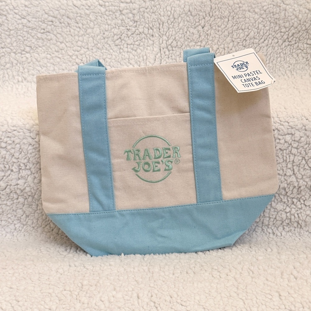 Trader Joe's Mini Pastel Canvas Tote Bag - Light Blue & Cream